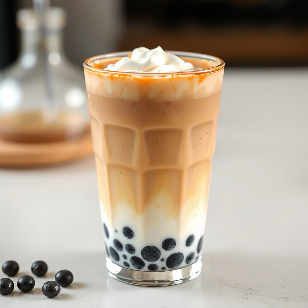 Brown sugar boba milk tea with whipped cream
