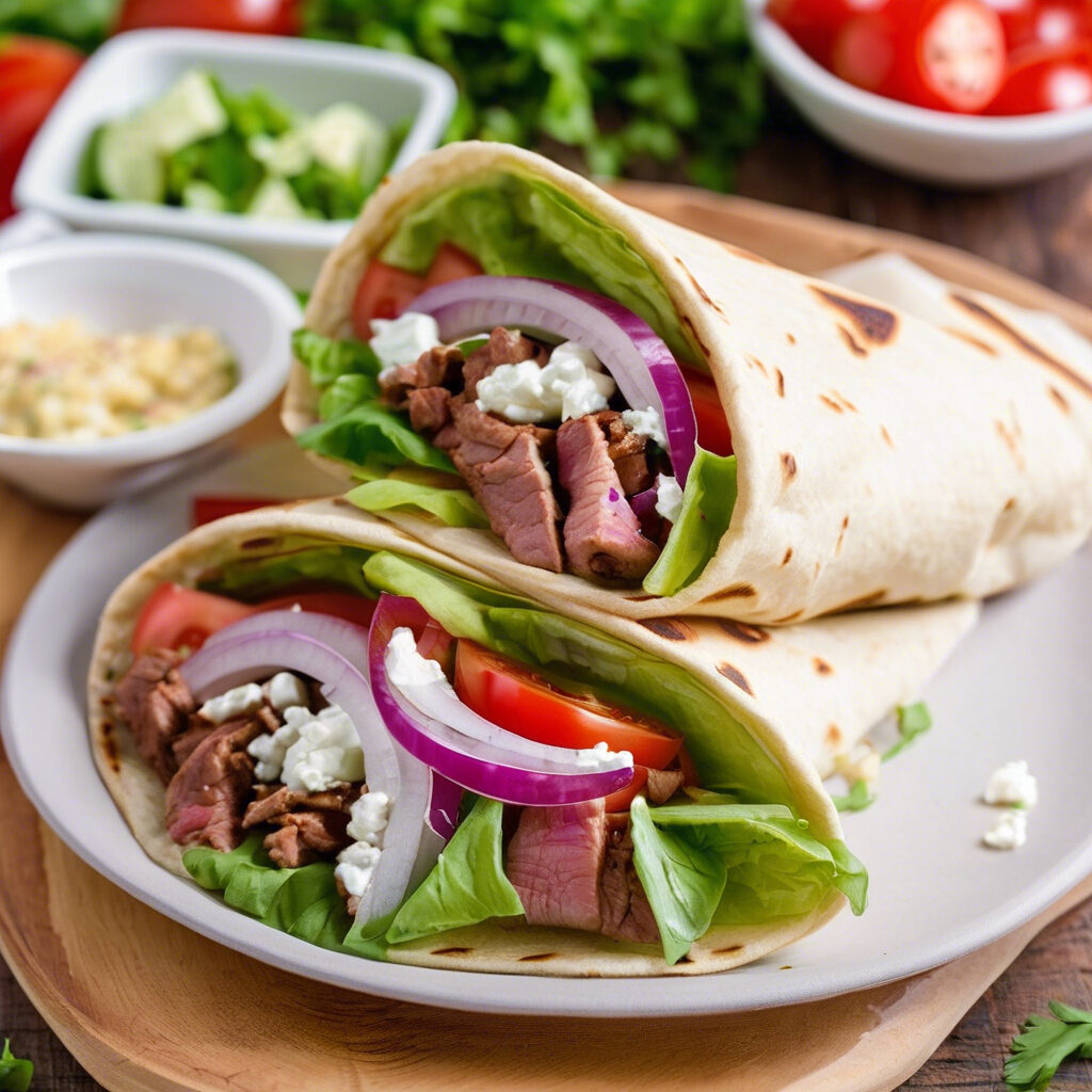 Gyro with seasoned meat, feta, red onion and tomato in warm pita