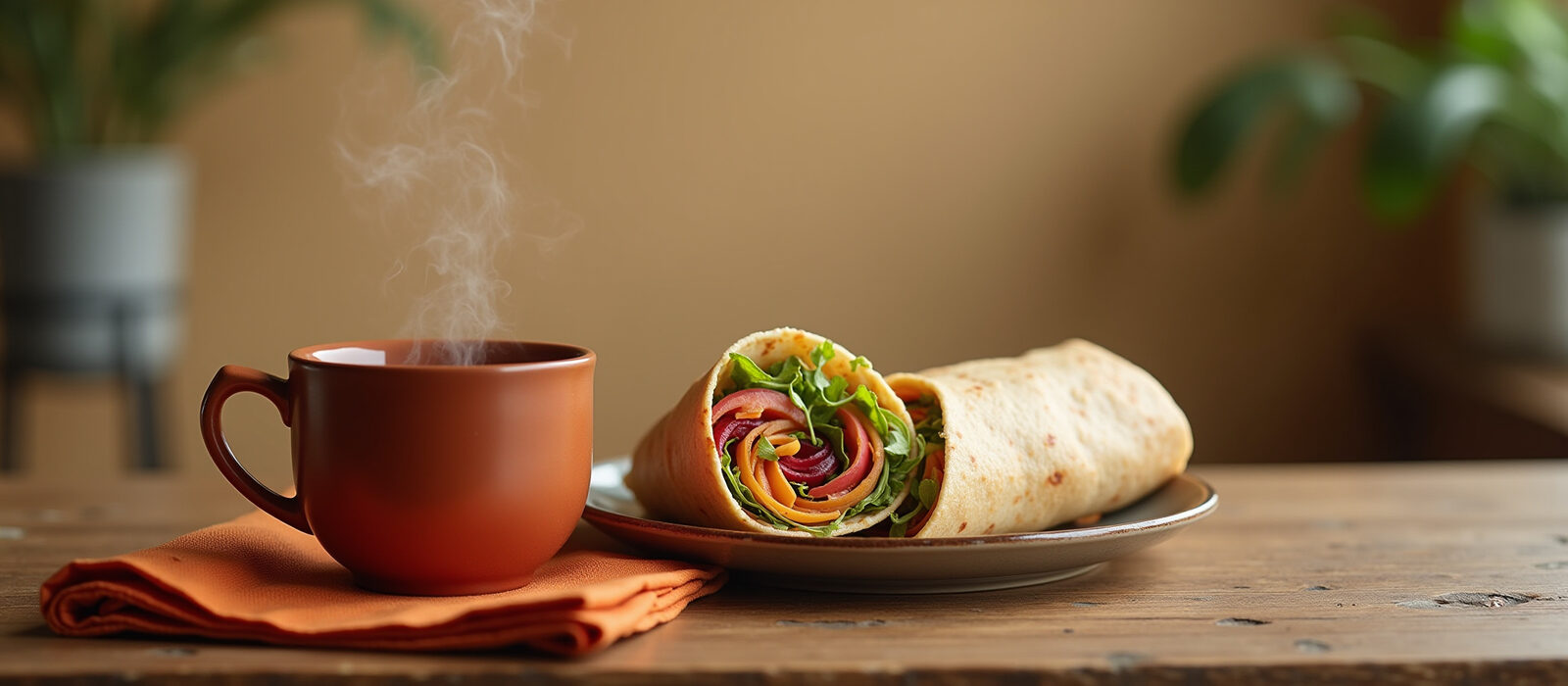 A wrap cut in half beside a steaming terra-cotta mug